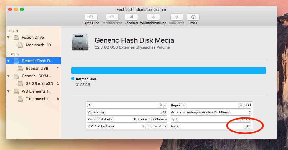 USB Speicher: merken Sie sich die Disk Nummer!