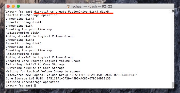 Jetzt geht es in das Terminal: Das Fusion Drive wird erzeugt. Hier die Disk Nummern angeben.