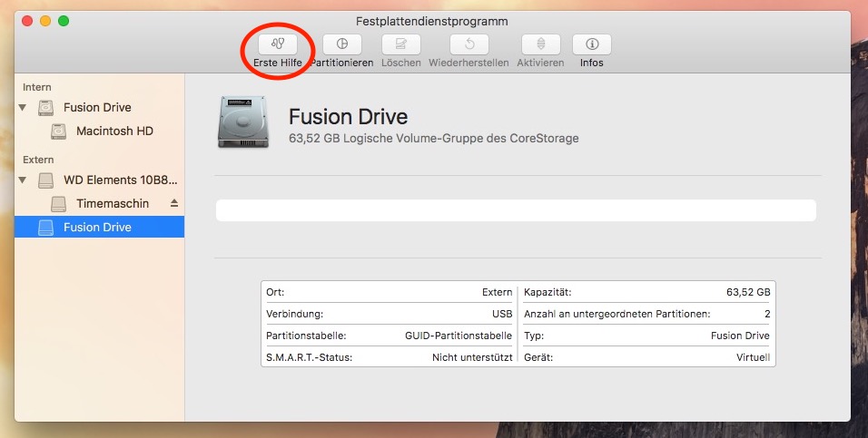 Das war es schon fast! Das Fusion Drive ist da, jetzt muss noch eine Partition erstellt werden. Das geht am besten mit "Erste Hilfe"