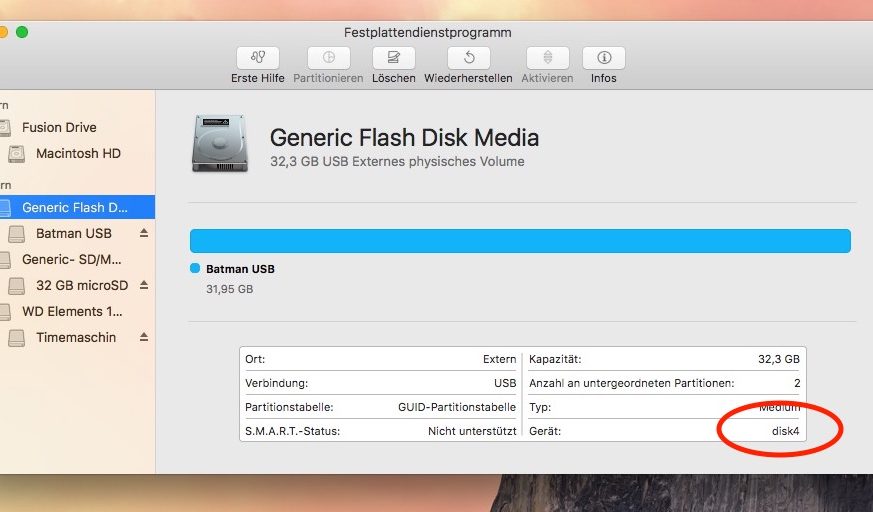 USB Speicher: merken Sie sich die Disk Nummer!