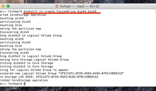 Jetzt geht es in das Terminal: Das Fusion Drive wird erzeugt. Hier die Disk Nummern angeben.