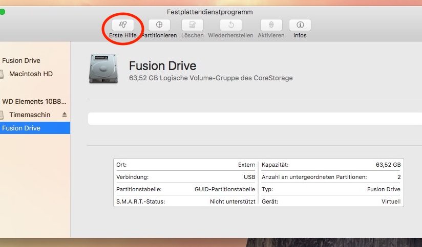 Das war es schon fast! Das Fusion Drive ist da, jetzt muss noch eine Partition erstellt werden. Das geht am besten mit "Erste Hilfe"