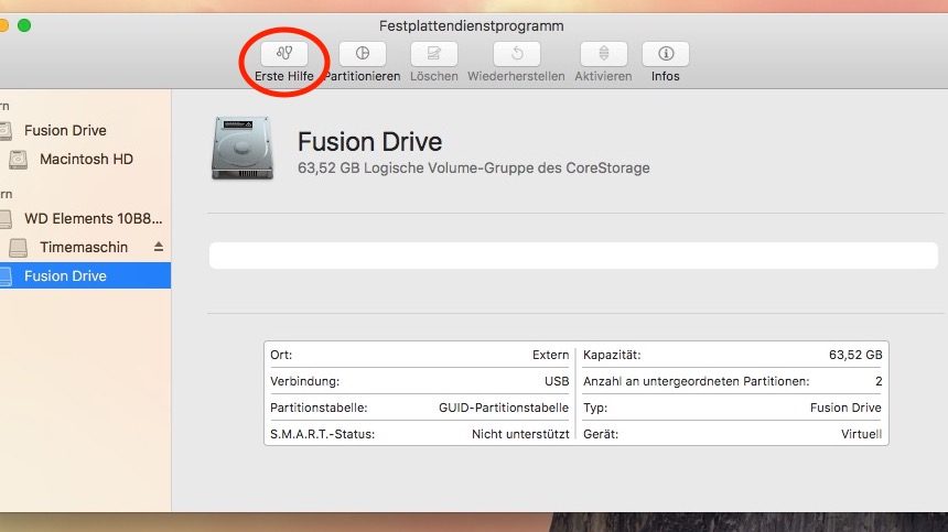 Das war es schon fast! Das Fusion Drive ist da, jetzt muss noch eine Partition erstellt werden. Das geht am besten mit "Erste Hilfe"